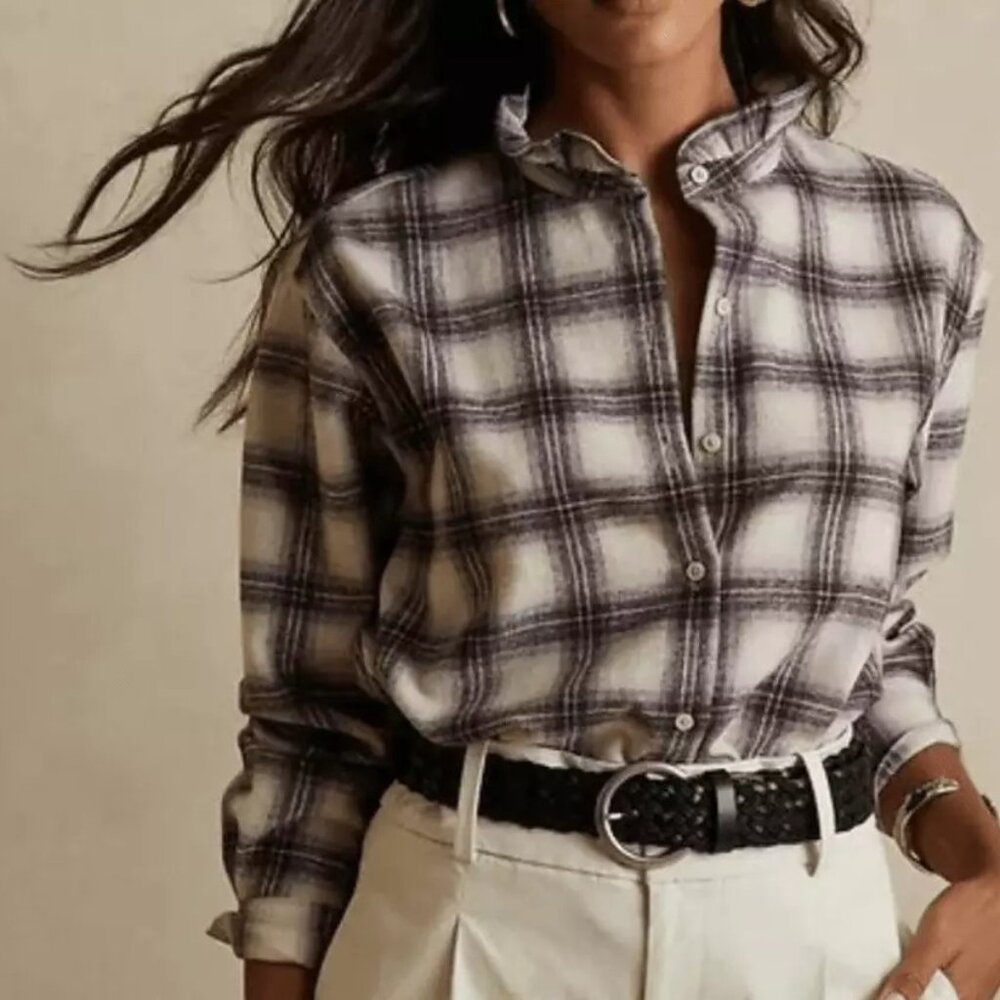 Banana Republic Plaid Wool Blend Shirt w Ruffle Collar - XL